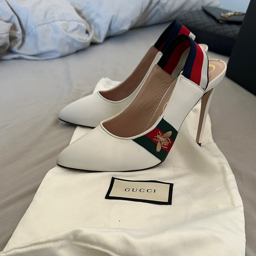 Gucci White Heels with Red and Blue Straps